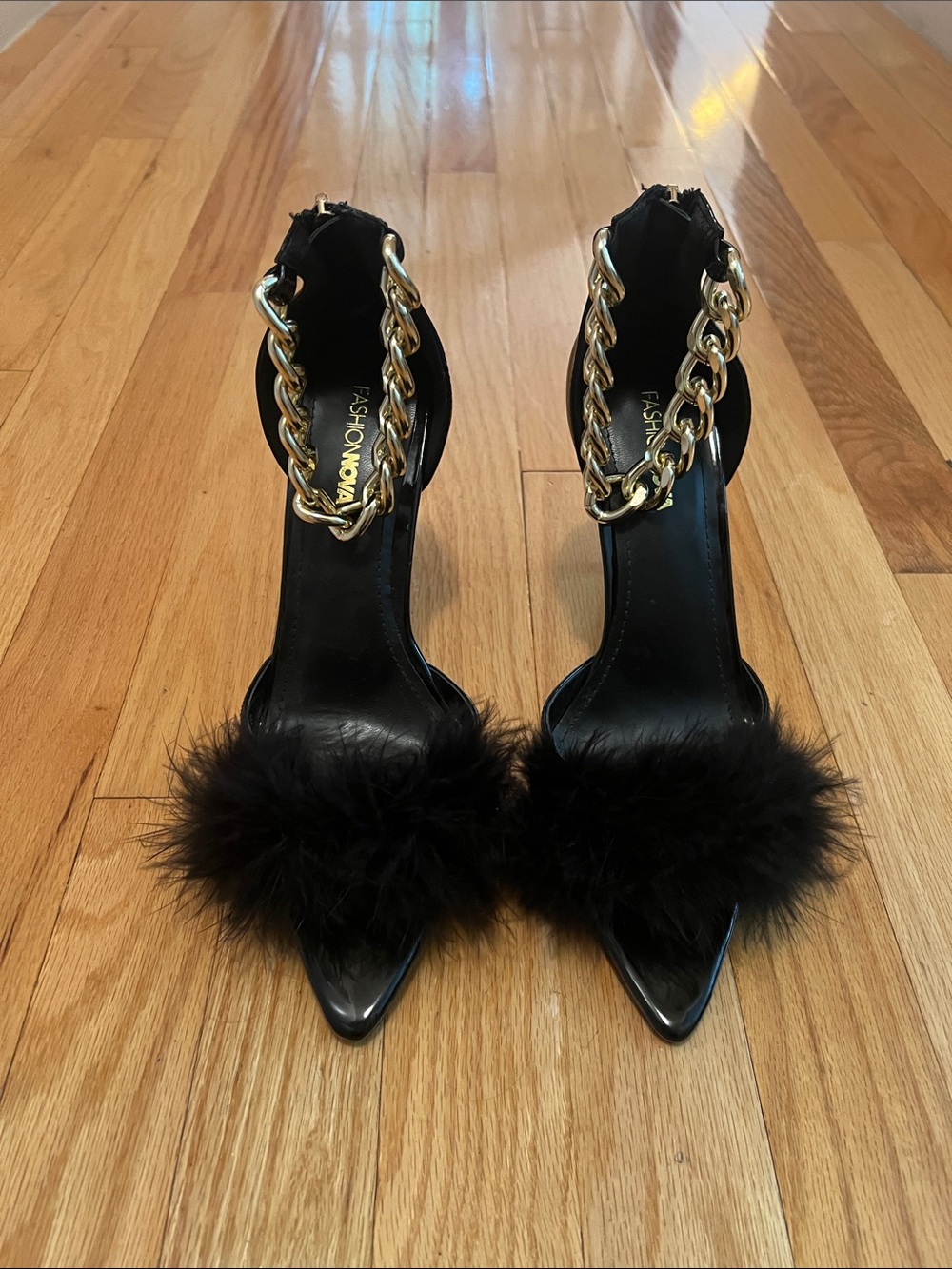 Fashion Nova Black Faux Fur & Gold Chain Stiletto Heels